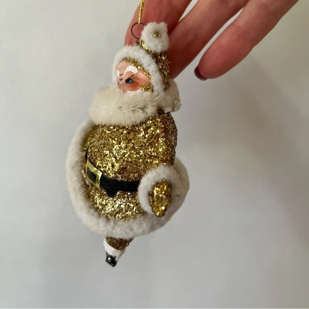 Vintage Gold Glitter Santa Ornament 50’s